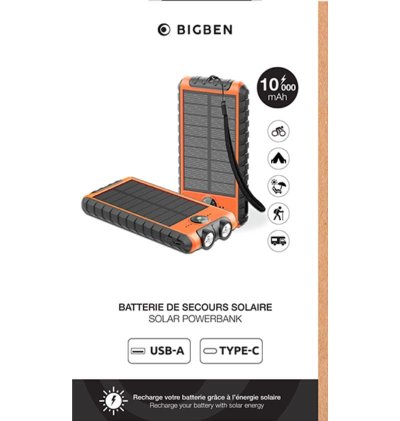 Batterie de secours Solaire 10000 mAh USB 2A+C Orange/Noir Bigben  - 4