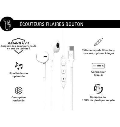 Ecouteurs USB C Force Play Bouton Conception renforcée Blanc  - 3