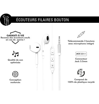 Ecouteurs Jack 3.5mm Bouton Conception renforcée Blanc - Force Play  - 2