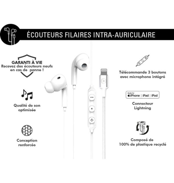 Ecouteurs Lightning Intra-auriculaire Conception renforcée Blanc - Force Play