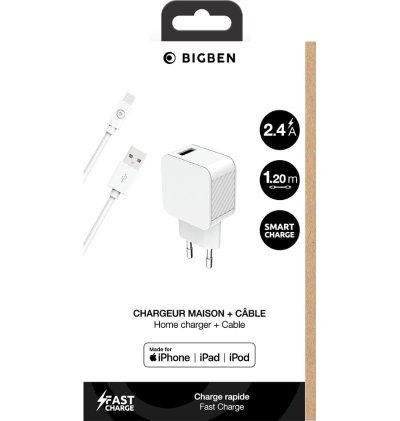 Chargeur maison 2.4A FastCharge + Câble USB A/Lightning Blanc - Bigben