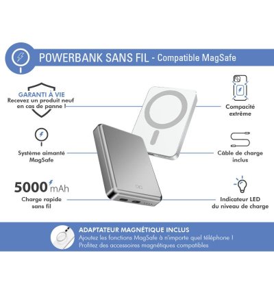 Batterie de Secours Compatible MagSafe 15W - 5000mAh - Silver - Force Power  - 2