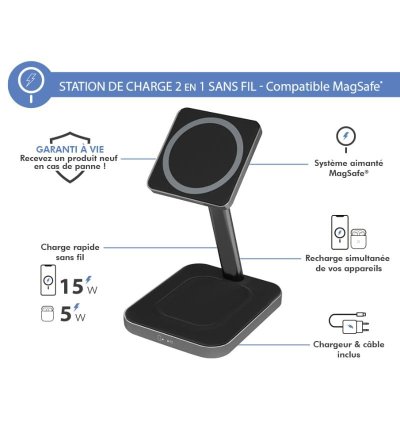 Chargeur induction 2 en 1 Stand Bureau Compatible MagSafe 15W - Noir - Force Power