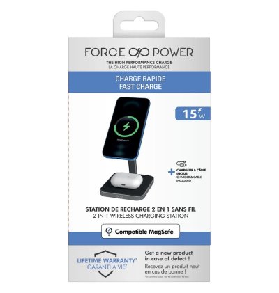 Chargeur induction 2 en 1 Stand Bureau Compatible MagSafe 15W - Noir - Force Power  - 5