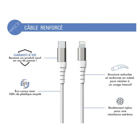 Câble Renforcé USB C/Lightning 1,2m 3A Blanc - 100% Plastique recyclé Force Power Lite