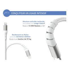 Câble Renforcé USB C/Lightning 1,2m 3A Blanc - 100% Plastique recyclé Force Power Lite  - 3