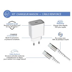 Chargeur maison 25W Power Delivery + Câble USB C/USB C Blanc Force Power