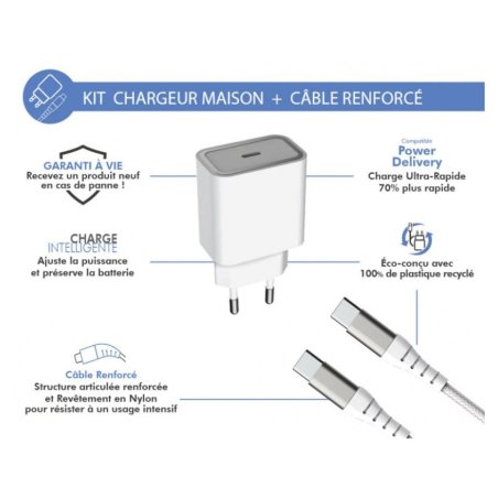 Chargeur maison 25W Power Delivery + Câble USB C/USB C Blanc Force Power